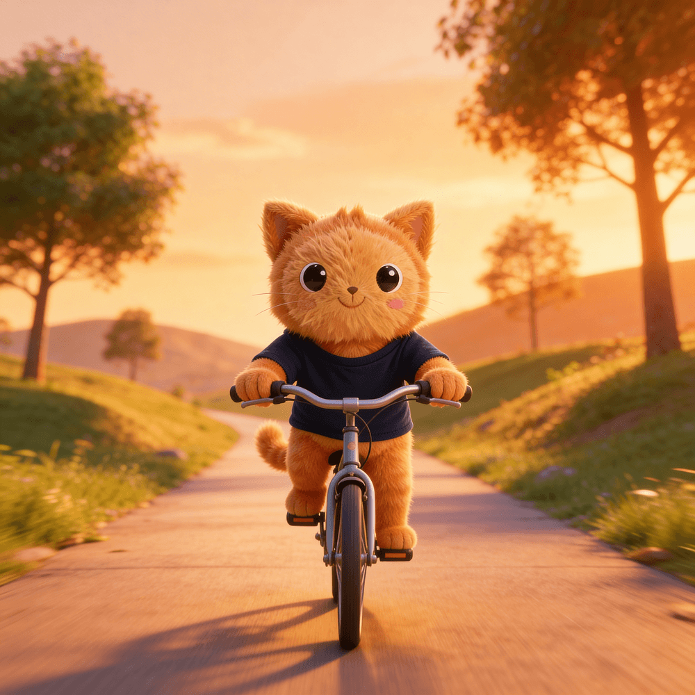 Podo the mascot riding a bicycle on a countryside path at sunset