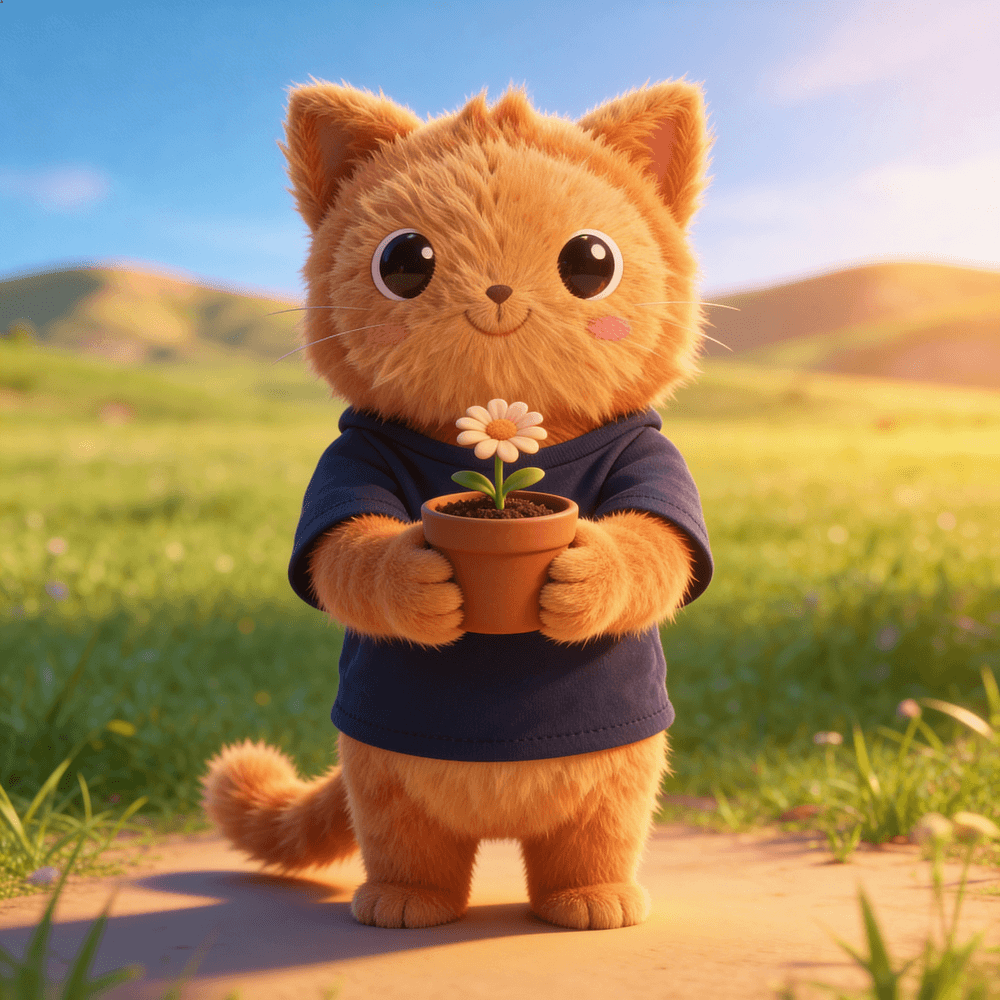Podo the mascot holding a small potted flower in a sunny countryside field