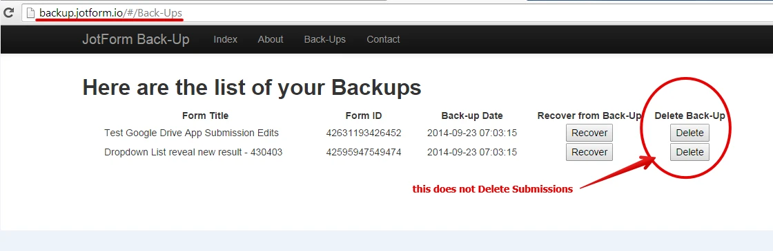 Jotform can delete submission in Backup App service Image 1 Screenshot 20
