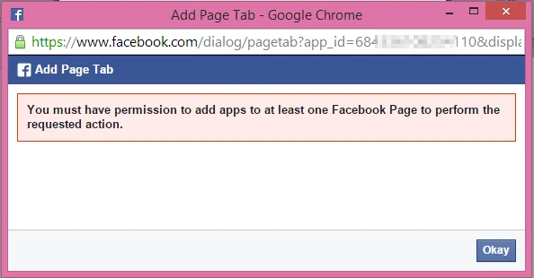 How do I change the permission setting to add apps to at least one Facebook Page to perform the requested action Screenshot 20
