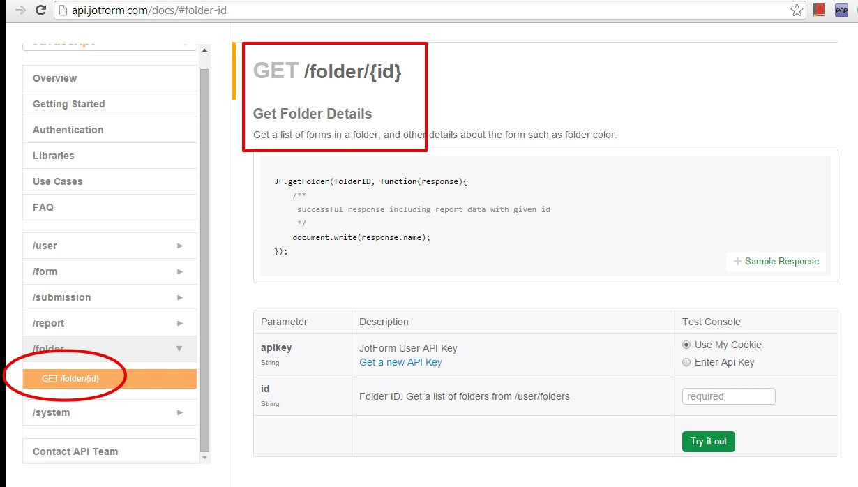 Where do I get the folderID so that I can get the forms for that folder via your API? Image 1 Screenshot 20