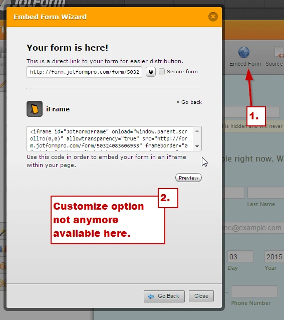 Customize option in iFrame Embed code not anymore visible/available Image 1 Screenshot 20