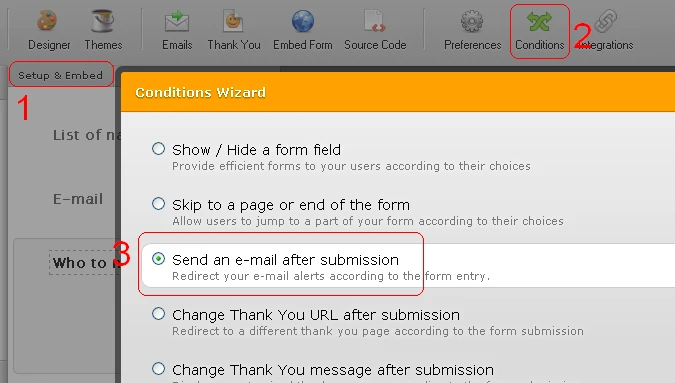 How can I get my Jotform to send an email to a specific email but only if a certain box is checked on the form? Image 1 Screenshot 30