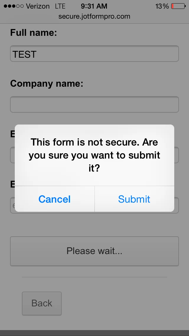 Unsecured Form Warning when Secured Form is Submitted on iPhone Image 1 Screenshot 20