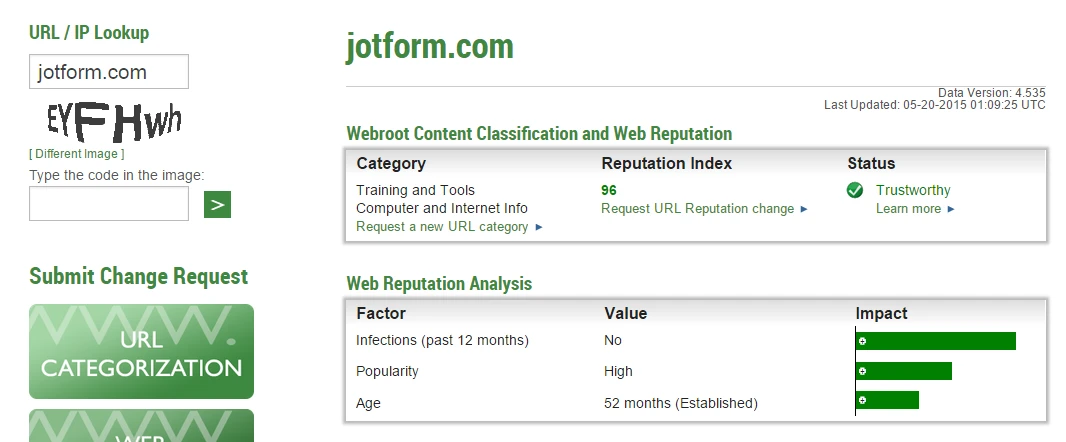 When a user tries to use the form I created, Webroot tells him Jotform is a major phishing site Screenshot 40