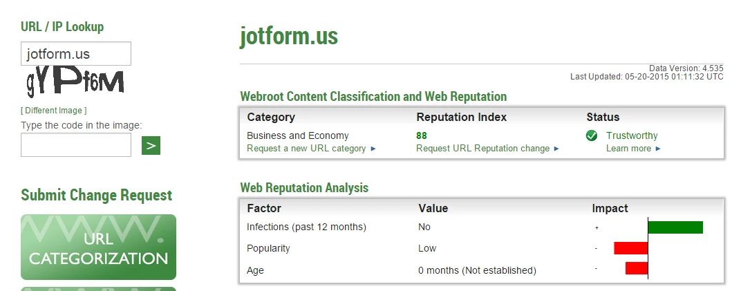 When a user tries to use the form I created, Webroot tells him Jotform is a major phishing site Screenshot 51