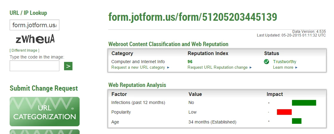 When a user tries to use the form I created, Webroot tells him Jotform is a major phishing site Screenshot 62