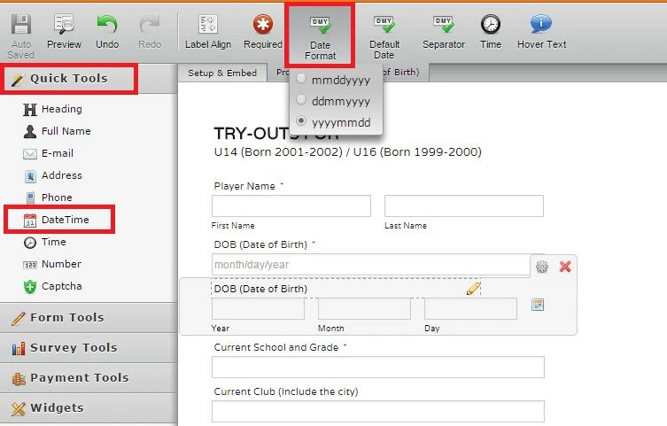 How to add a DOB field to my Soccer Try out form Image 1 Screenshot 20
