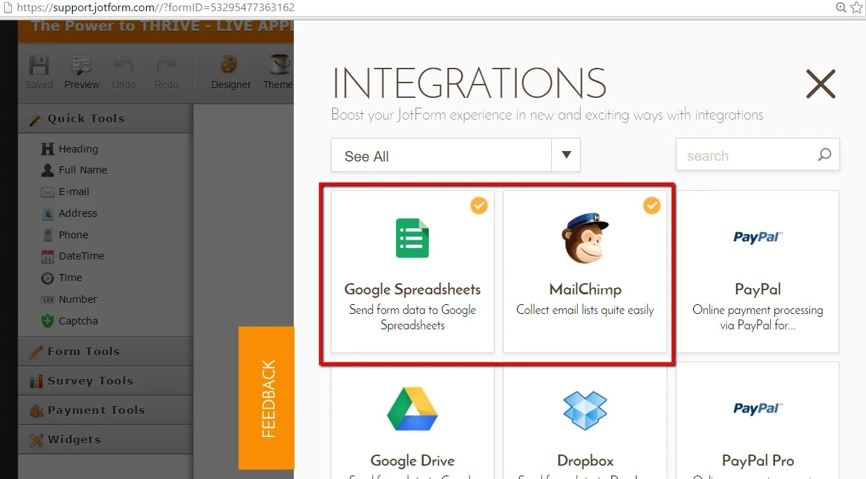 your integrations arent working correctly (Jotform, Mailchimp, & Google Spreadsheets) Image 1 Screenshot 20