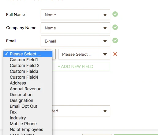 Am I limited to a preset list of fields, or is there a way to send custom field info to zoho crm with this integration? Image 2 Screenshot 41