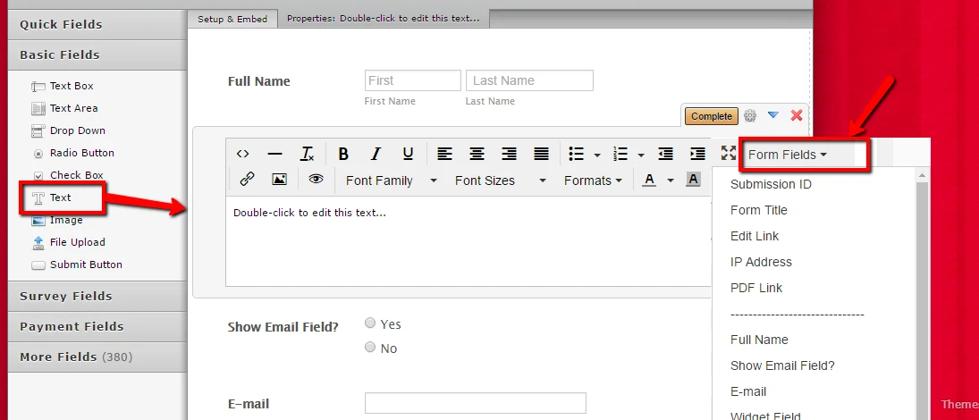 Text Field: add the Form Fields drop down in the tools menu Screenshot 20
