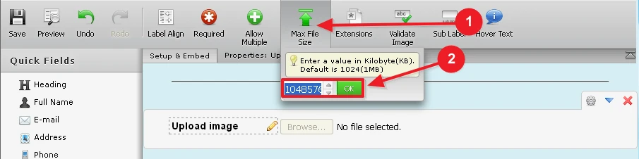 The free Jotform limits the size of a file attachment to 1024kb Screenshot 20