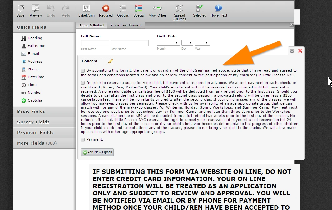 I have a class registration form with JotForm for art classes Screenshot 41