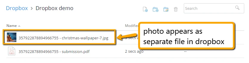 Can a photo attached in a form be uploading as a separate file from the form submission using the Dropbox integration? Image 1 Screenshot 20