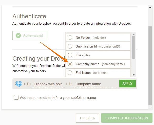 DropBox integration: able to use a unique name or ID when naming folder using form fields Image 1 Screenshot 40