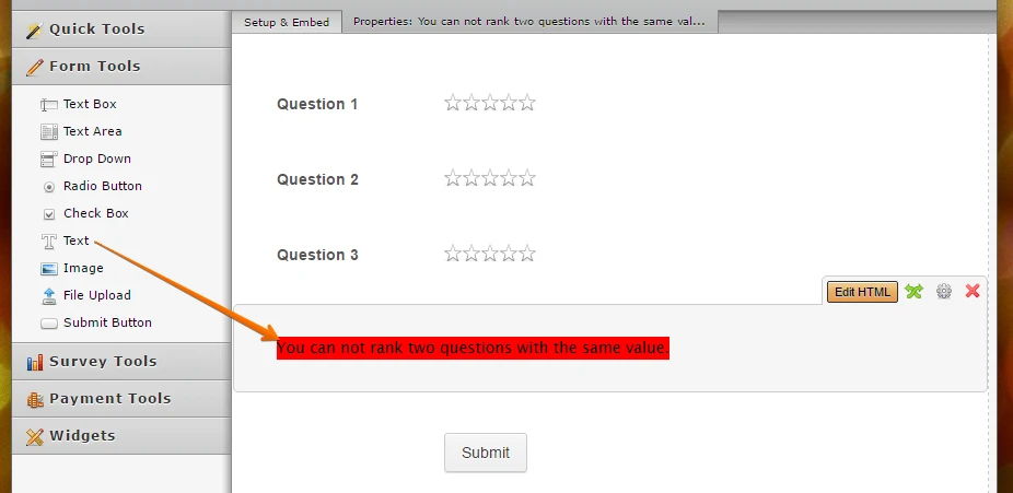 How can I ask a ranking question,,, but limit a user from ranking different options the same value Screenshot 51
