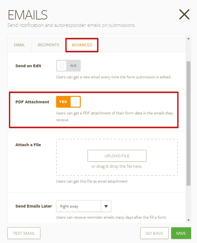 Include PDF file of submission in the email autoresponder sent to respondents Screenshot 30