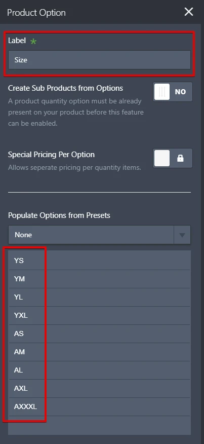 What is the best way to separate product sizes for two different options in payment field product list? Image 2 Screenshot 41