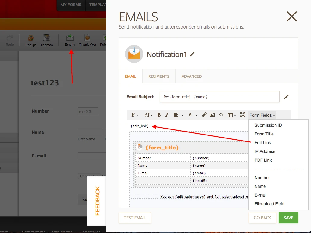 How do I edit the notification emails for when a new form is submitted? Image 1 Screenshot 20