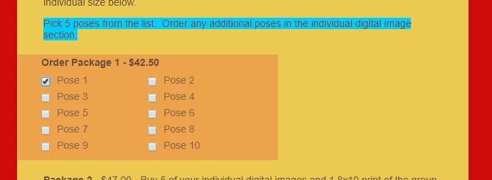 On this form, is there a way to have poses available to order in the individual prints sections ONLY if they are ordered above? Image 1 Screenshot 30