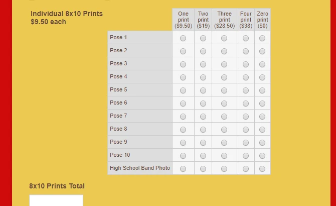 On this form, is there a way to have poses available to order in the individual prints sections ONLY if they are ordered above? Image 2 Screenshot 41