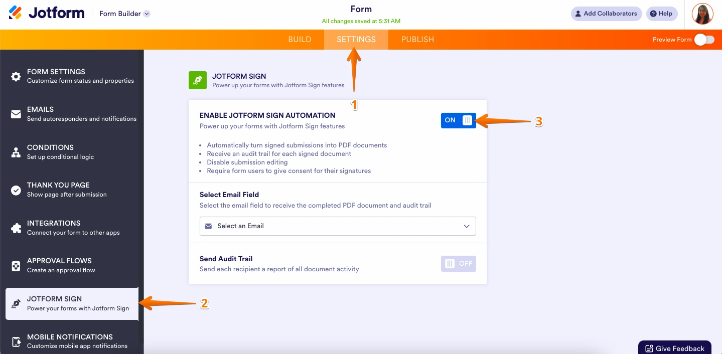 How to disable Jotform Sign to turn off auto emails Image 1 Screenshot 20 Screenshot 113