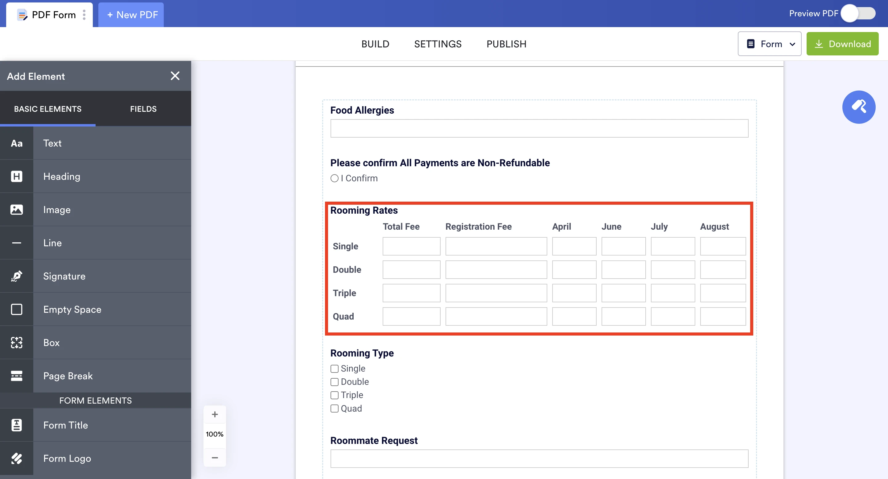 Fillable PDF Form: Add value to a cell in Input Table