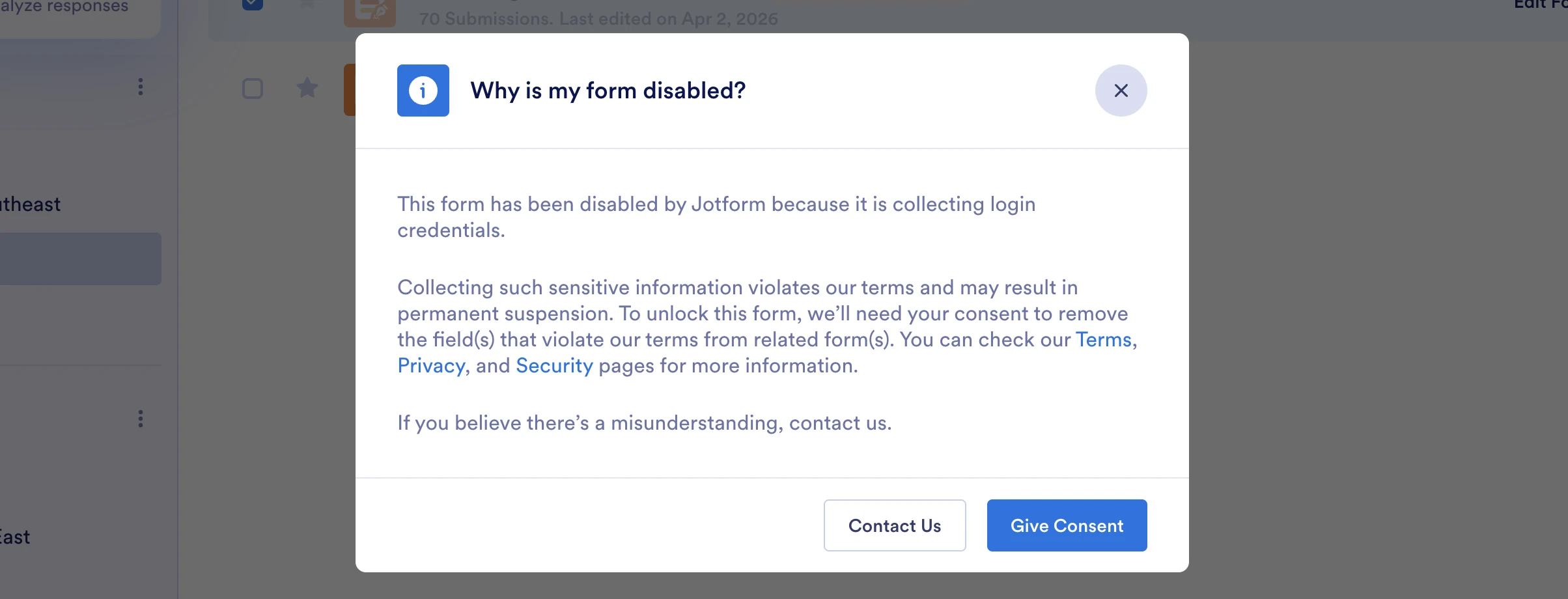 Form Disabled due to Issues with collecting credentials Image 1 Screenshot 20