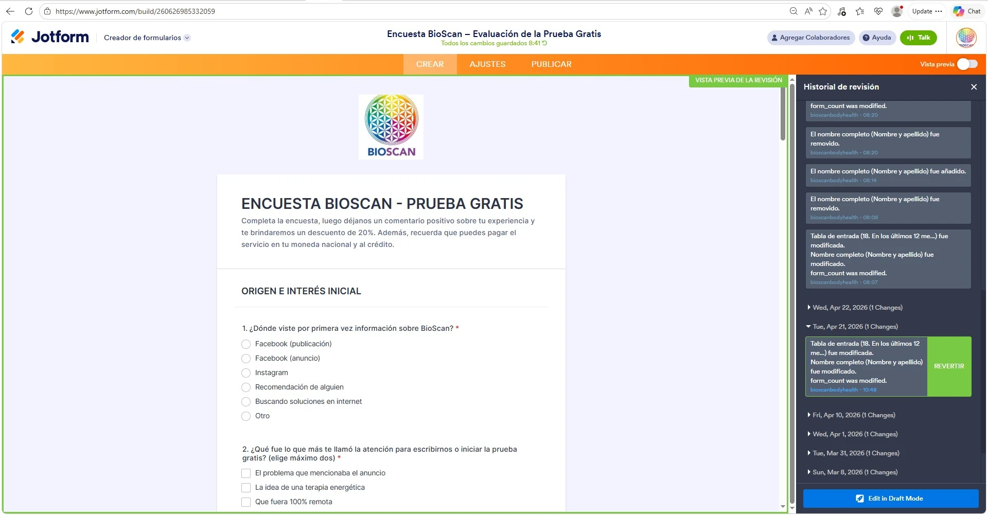
Editor de Formularios: Revertir a revisión anterior no restaura correctamente y desconfigura el formulario
Image-1