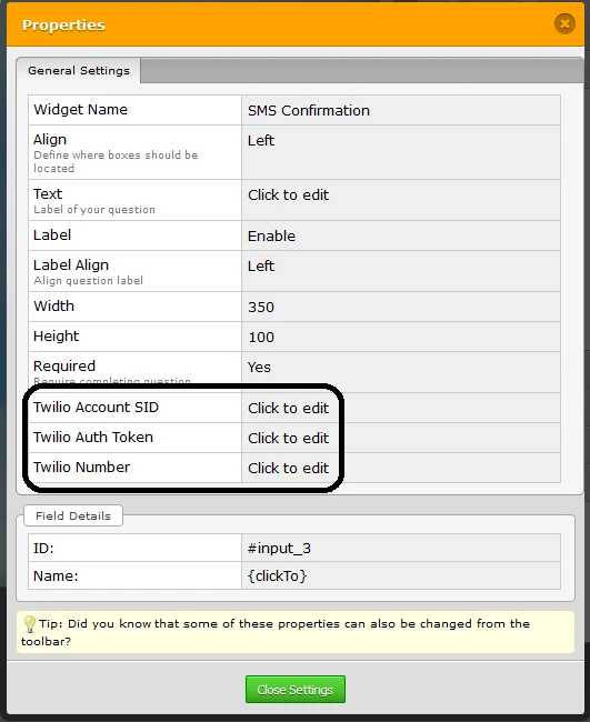 The SMS Confirmation widget does not have any fields to enter credentials during setup Image 1 Screenshot 20
