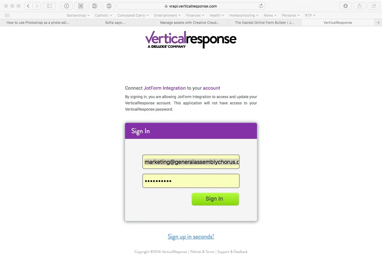 Unable to login to VerticalResponse account when integrating JotForm Screenshot 20