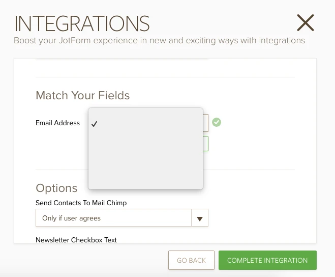 Blank option given to match MailChimps E mail field with JotForms E mail field Screenshot 40