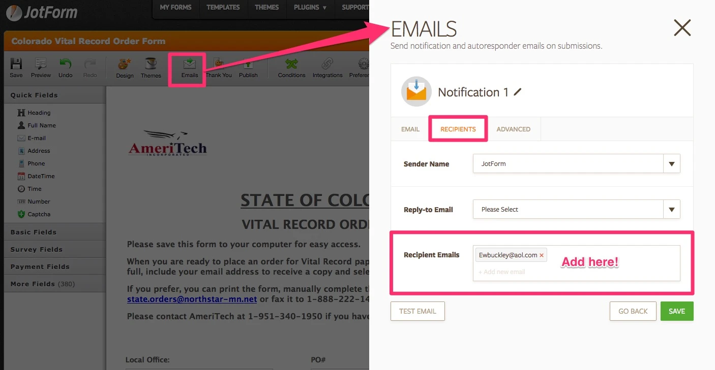How can I add several email recipients to receive the form information? Image 1 Screenshot 20