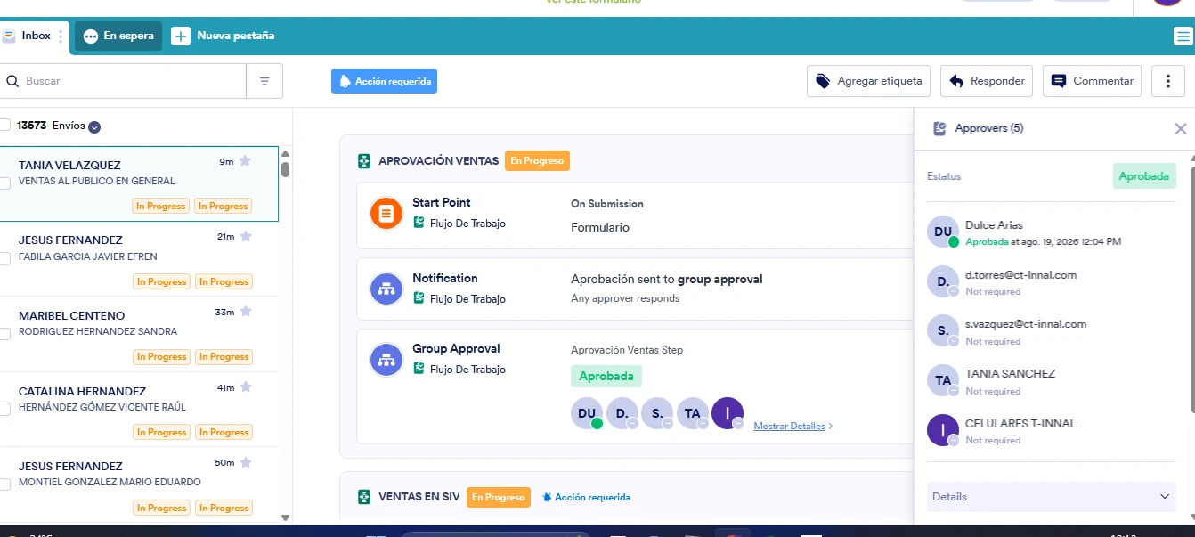 Asunto: Retraso en la actualización del estatus de los dos flujos de trabajo en Inbox para todas las respuestas Image 1 Screenshot 20