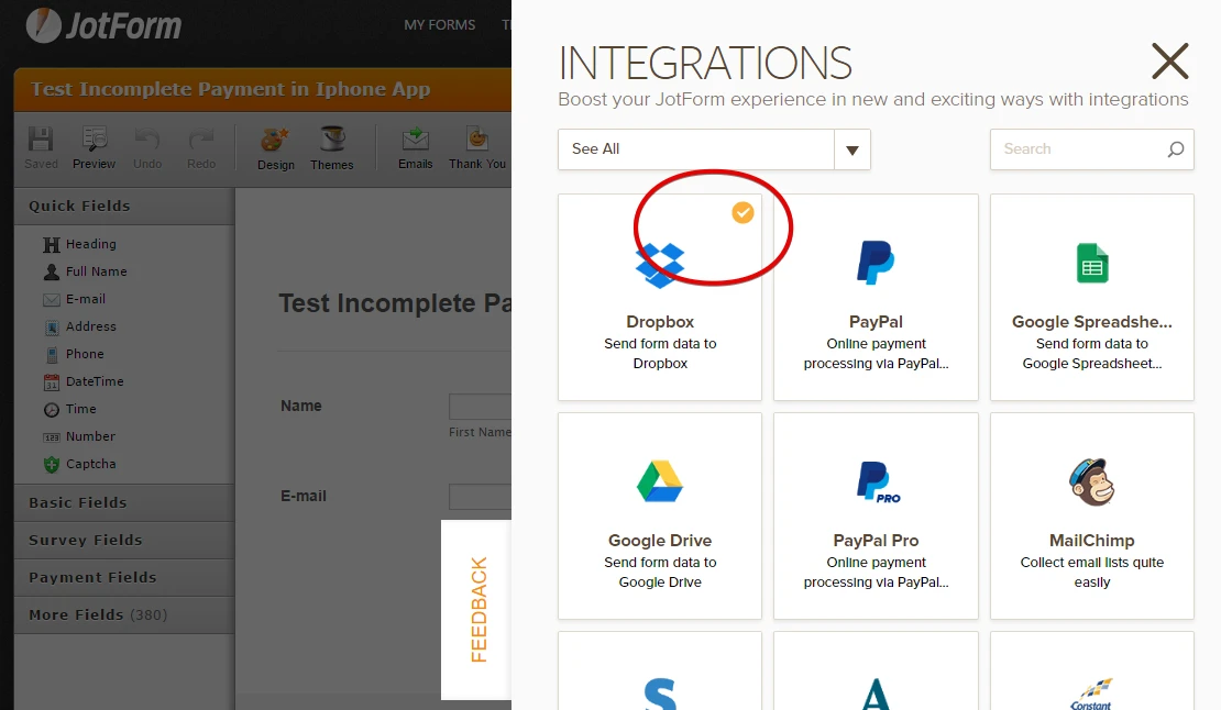 Dropbox integration indicator not being shown on Form Builder v4 Image 1 Screenshot 20