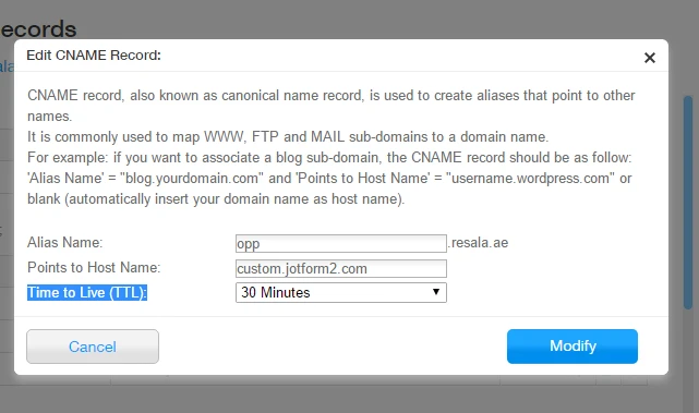 I cant add my JotForm form to my wix website using CNAME record Image 3 Screenshot 62