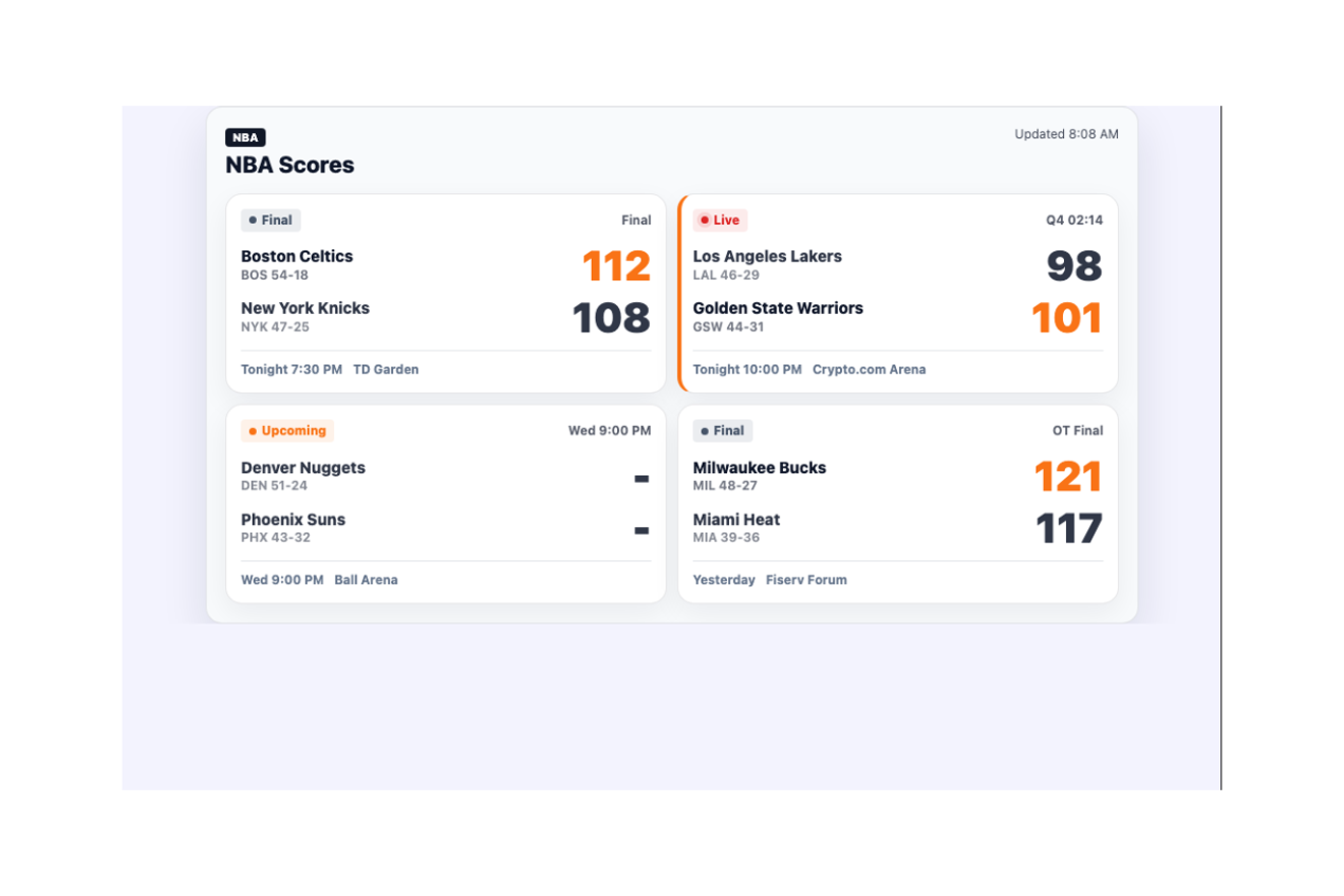 Display game scores and schedules