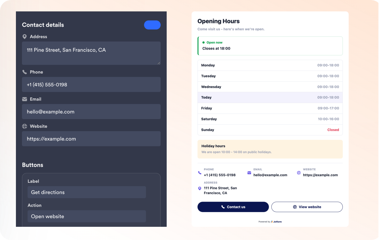 Add contact details and action buttons