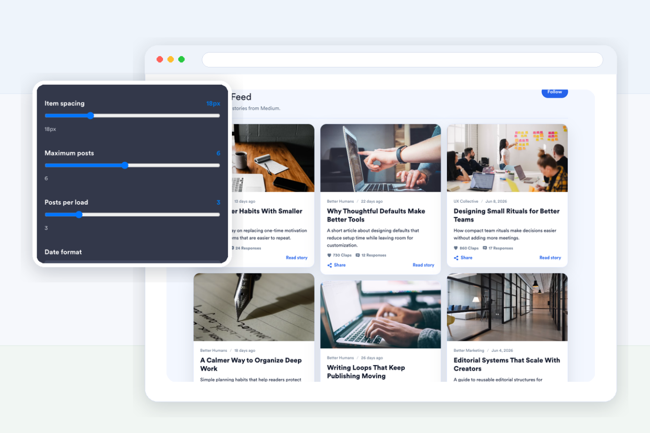 Choose list, grid, masonry, or marquee layouts