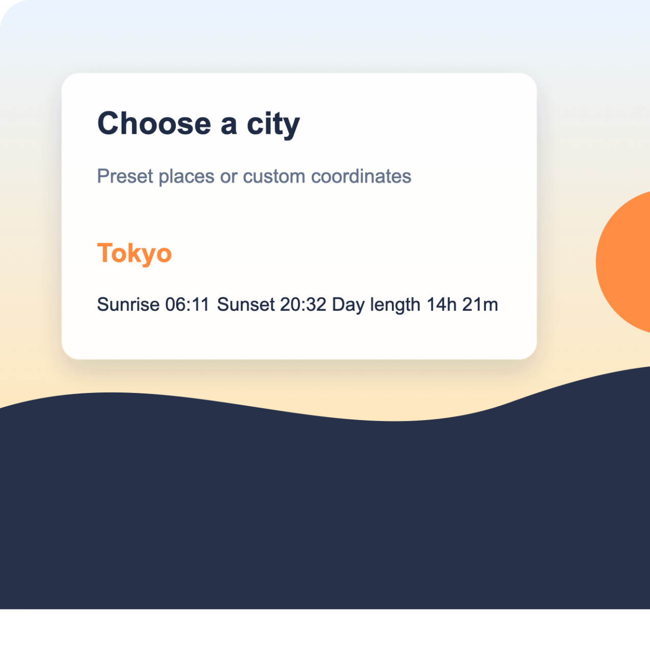 Show today's sunrise and sunset for a selected city