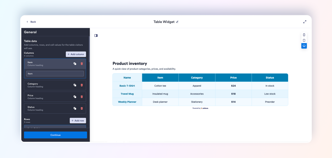 Build tables in a visual editor