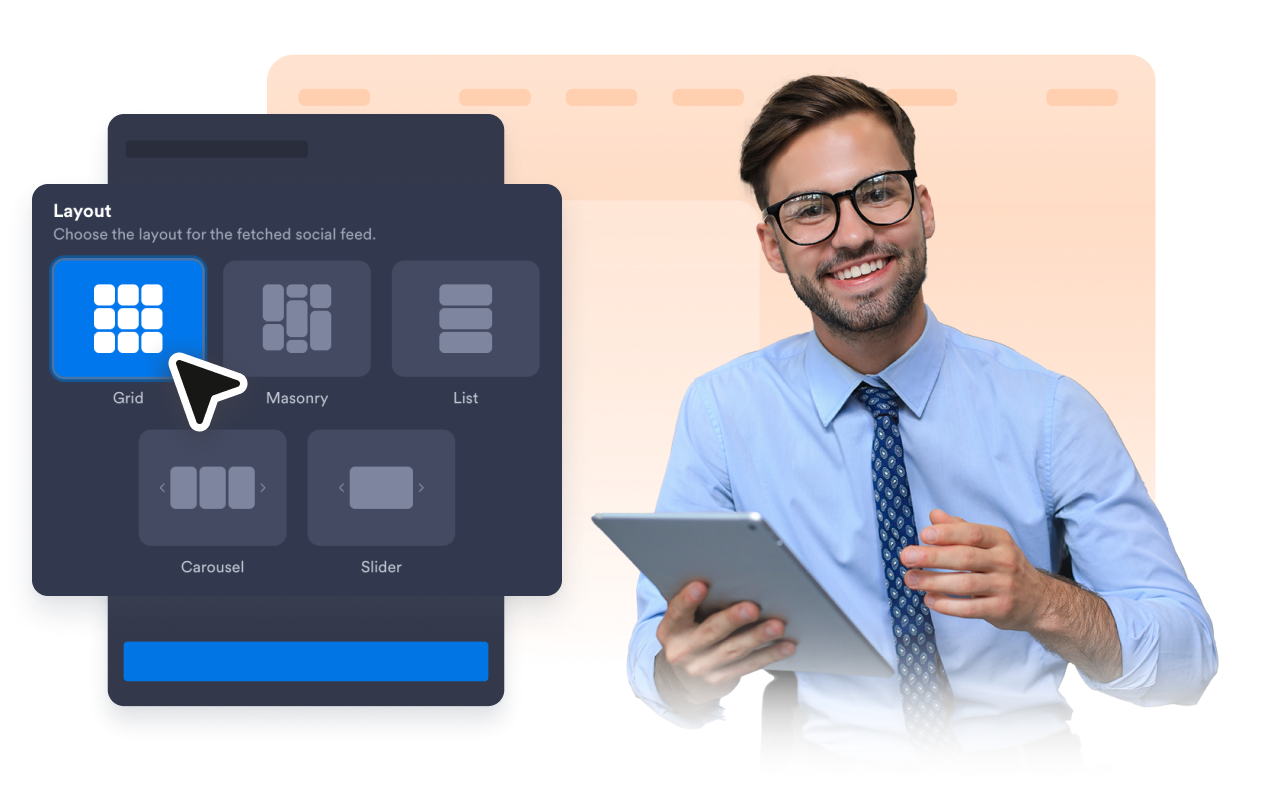 Choose list, grid, masonry, or marquee layouts