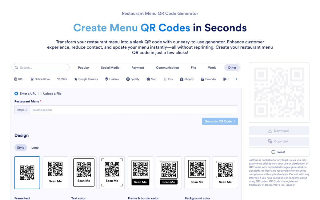 Restaurant Menu QR Code Generator