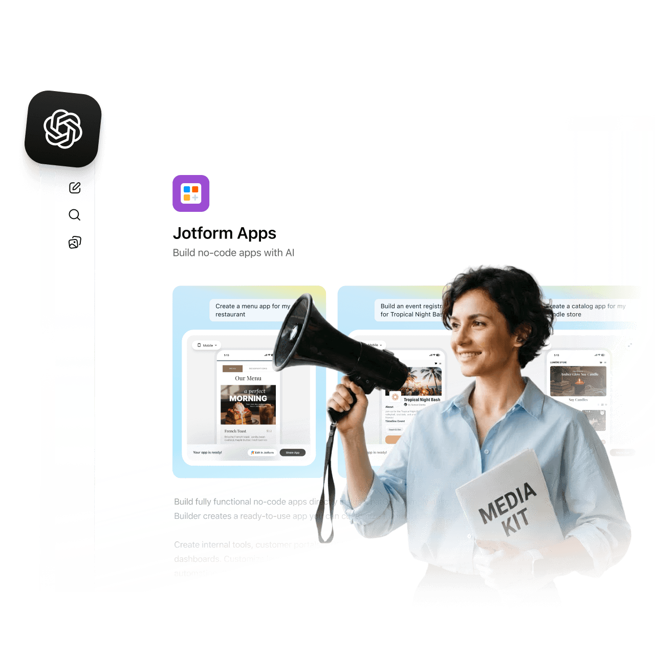Jotform ChatGPT App Builder with a presenter holding a megaphone and media kit