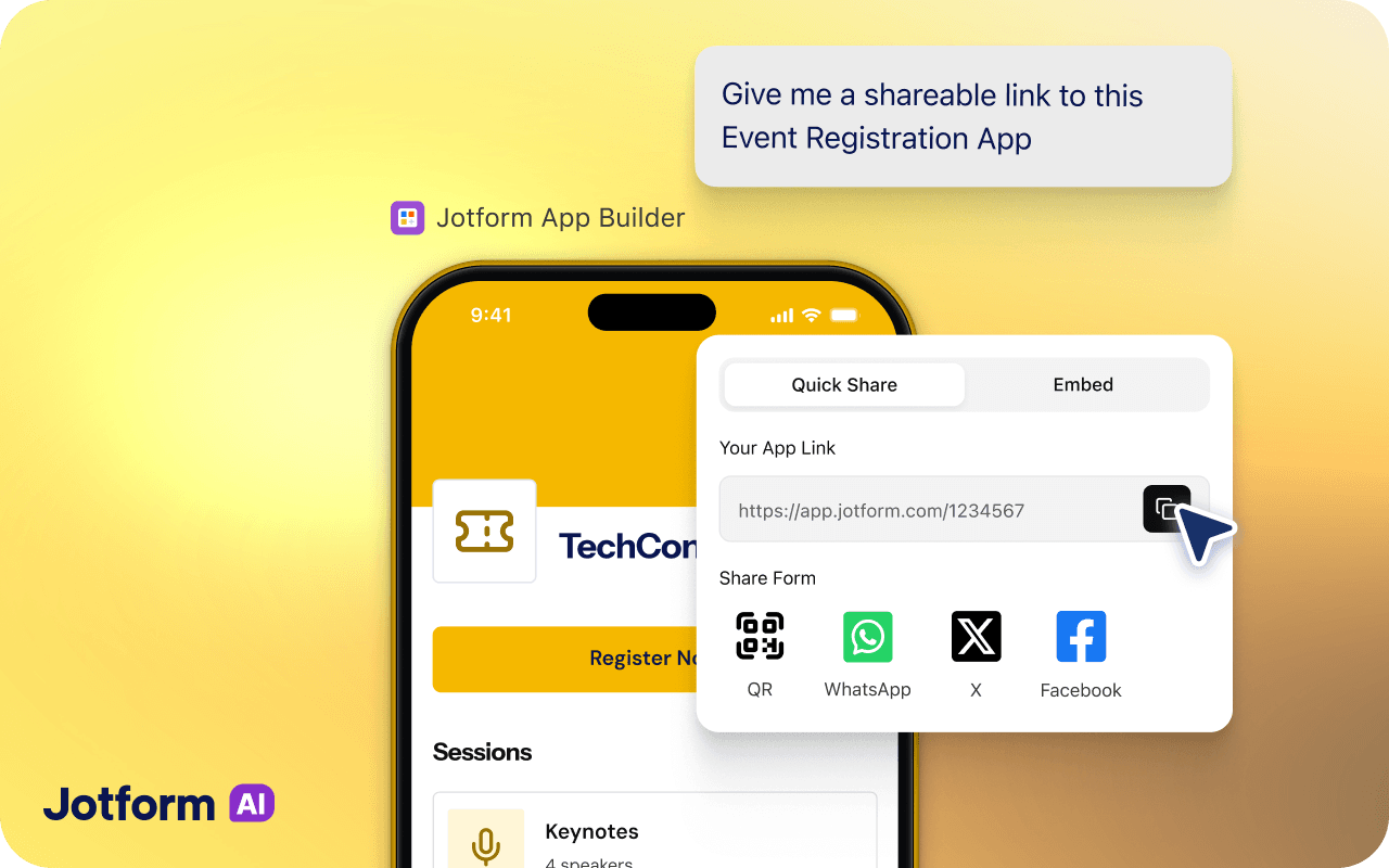 Event app sharing options with a link and QR code