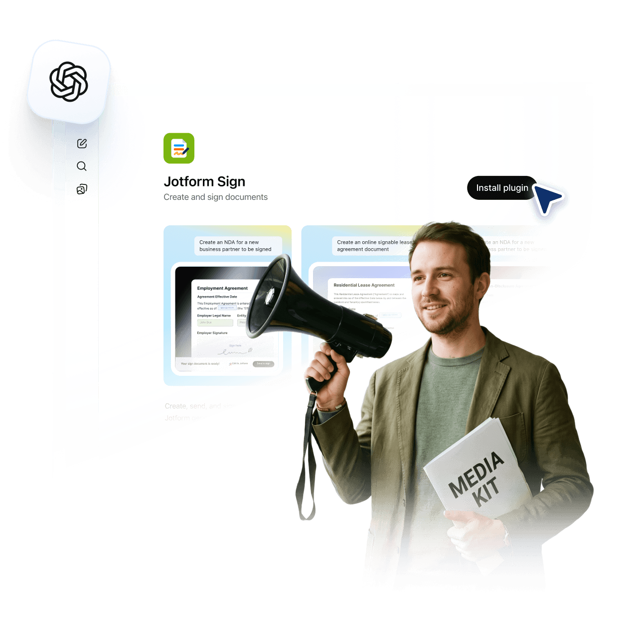 Jotform Sign for ChatGPT with a presenter holding a megaphone and media kit