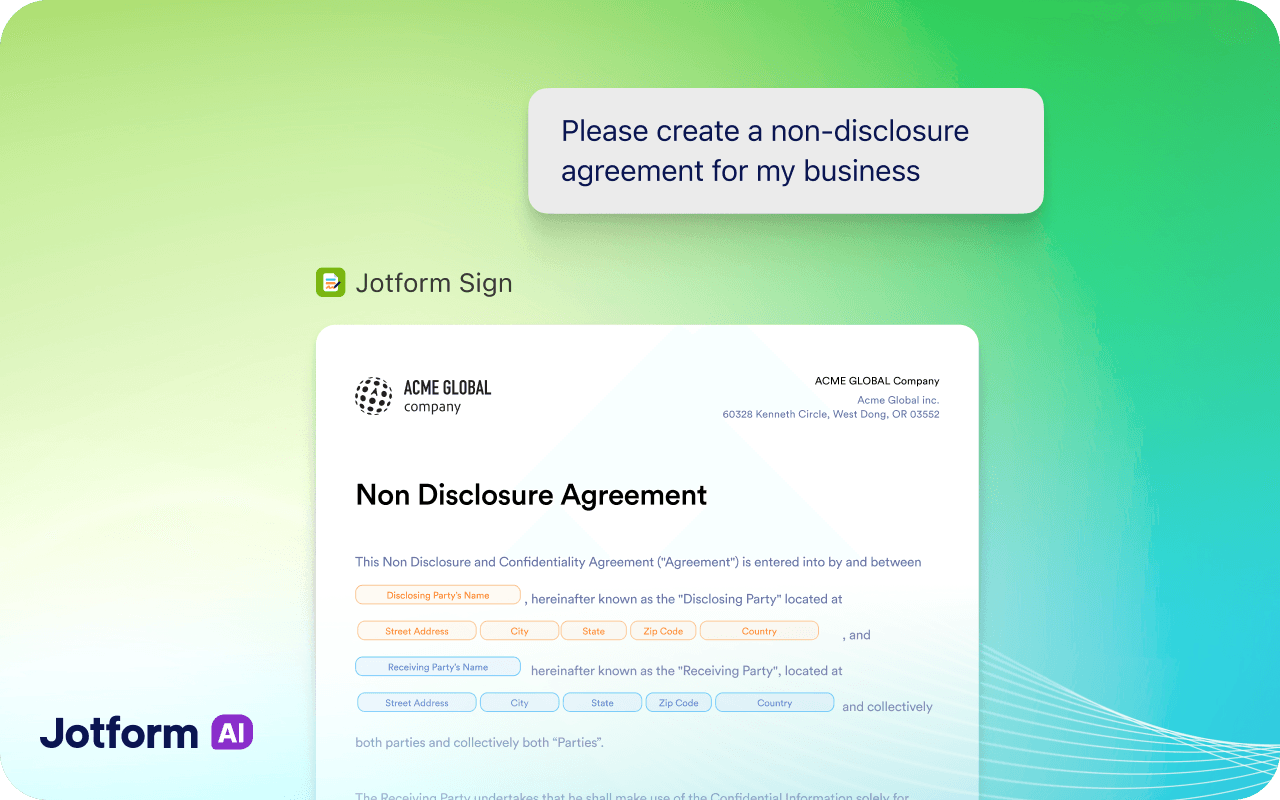 Jotform Sign generating a non-disclosure agreement from a prompt in ChatGPT