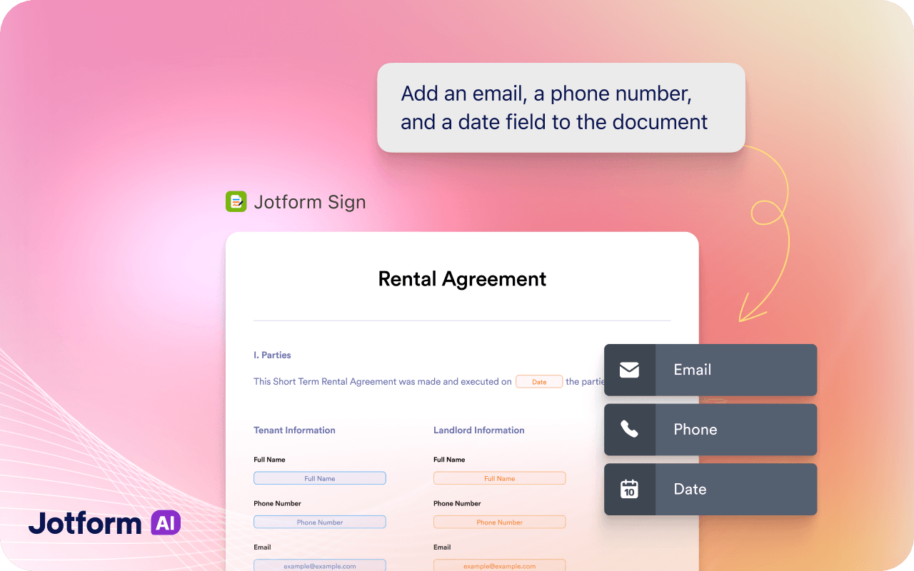 Email, phone, and date fields being added to a rental agreement with Jotform Sign