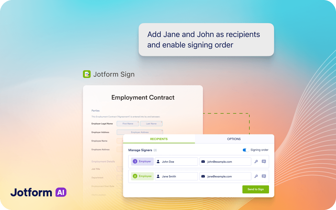 Jotform Sign recipients panel with two signers and signing order enabled for an employment contract