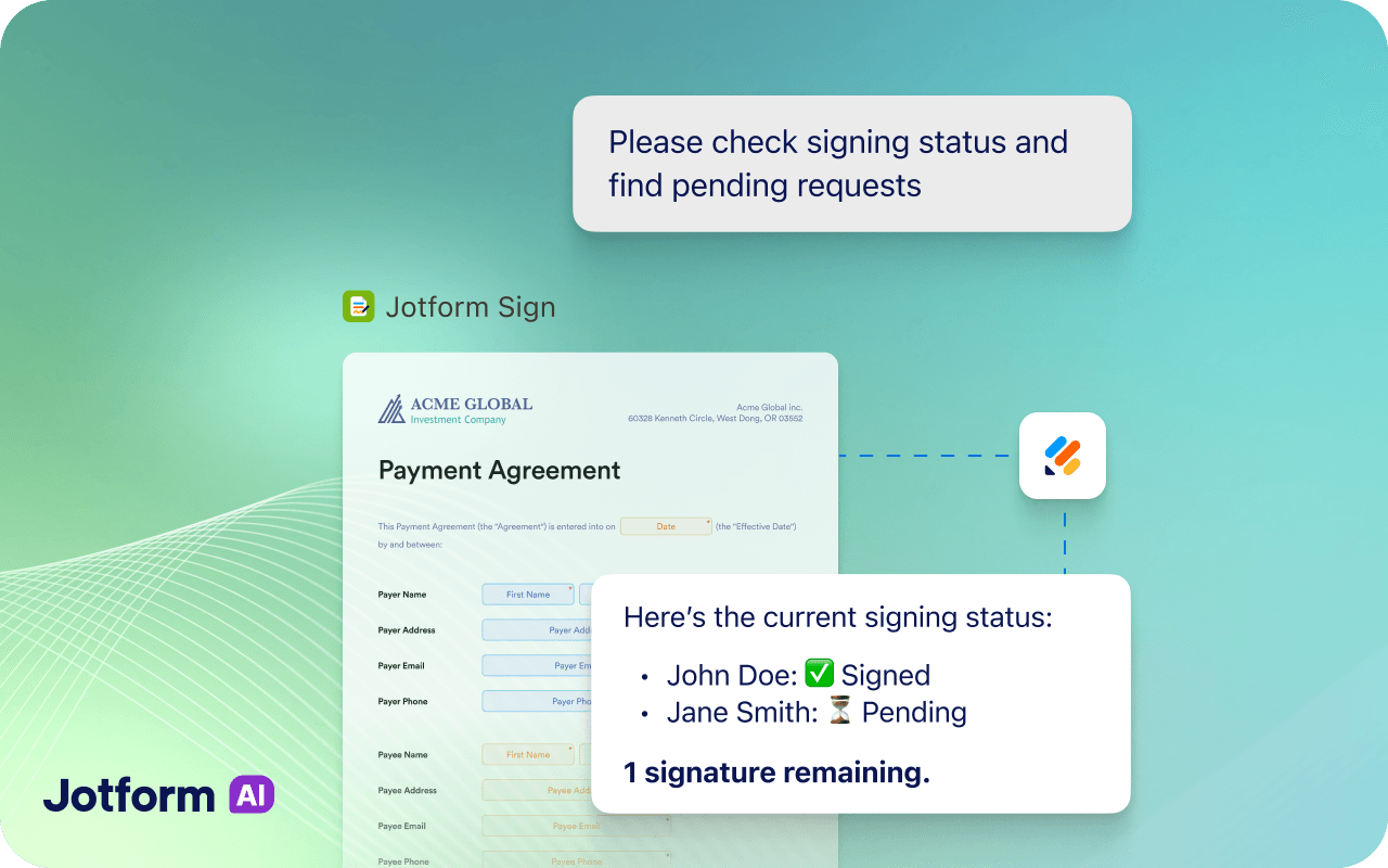Jotform Sign showing one completed signature and one pending signature for a payment agreement